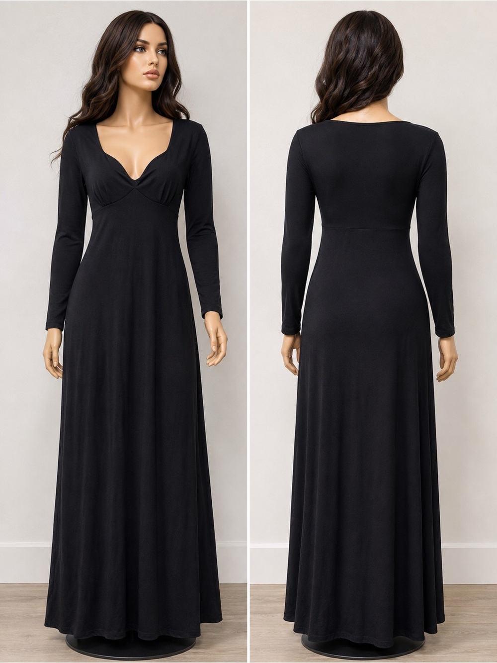wild fable Black Long-Sleeve Maxi Dress with Sweetheart Neckline